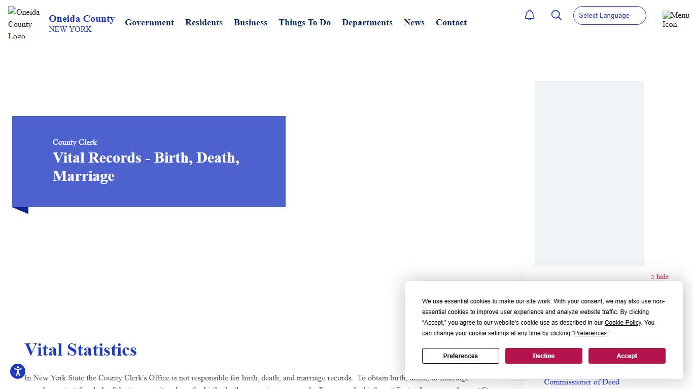 Vital Records - Birth, Death, Marriage Oneida County